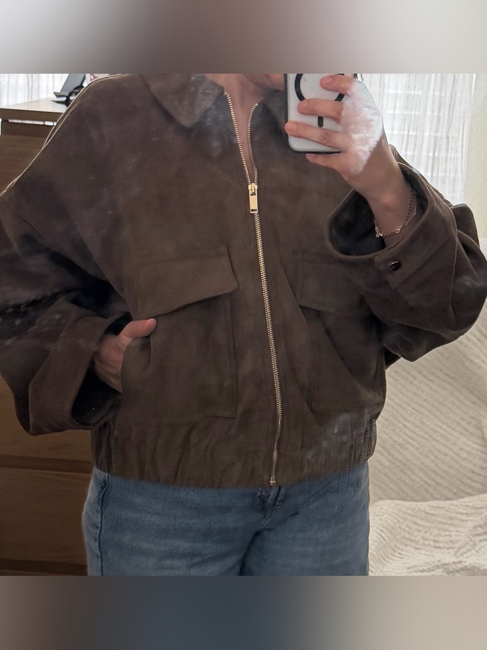 Zara Faux Suede Jacket Size L Dark Khaki - Picture 6 of 8